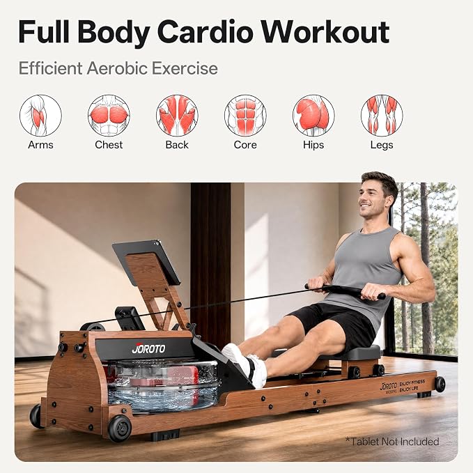JOROTO Water Rowing Machines for Home, Foldable Rowing Machine with 400LBS Weight Capacity, Dedicated Monitor & Bluetooth APP, Large Water Tank & Comfortable Seat for Immersive Water Rower