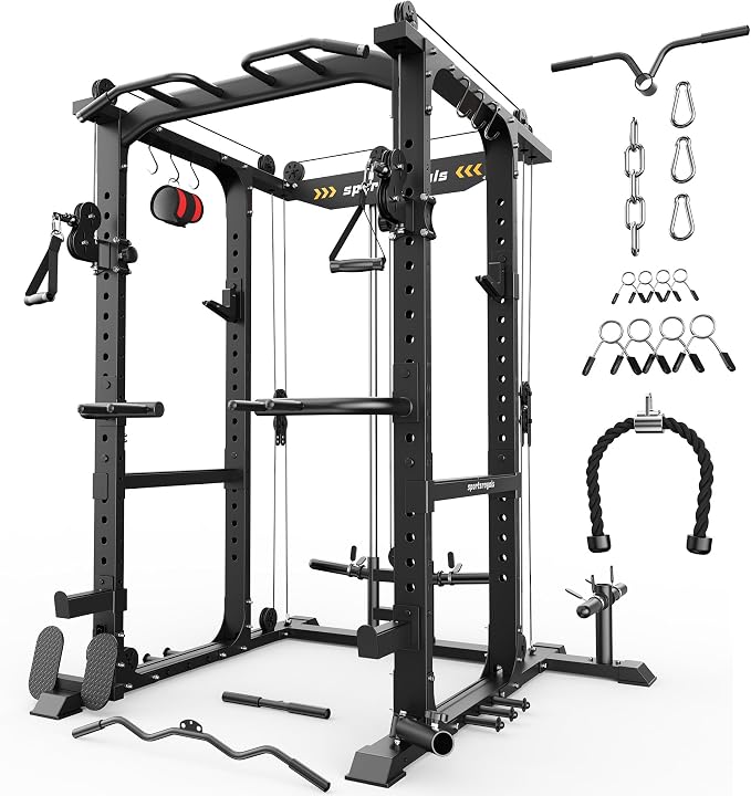 Sportsroyals Power Cage, 1600LBS Squat Rack with Cable Crossover System | Power Rack with LAT Pull Down System, Workout Cage with Pulley System for Fitness Home Gym Strength Training