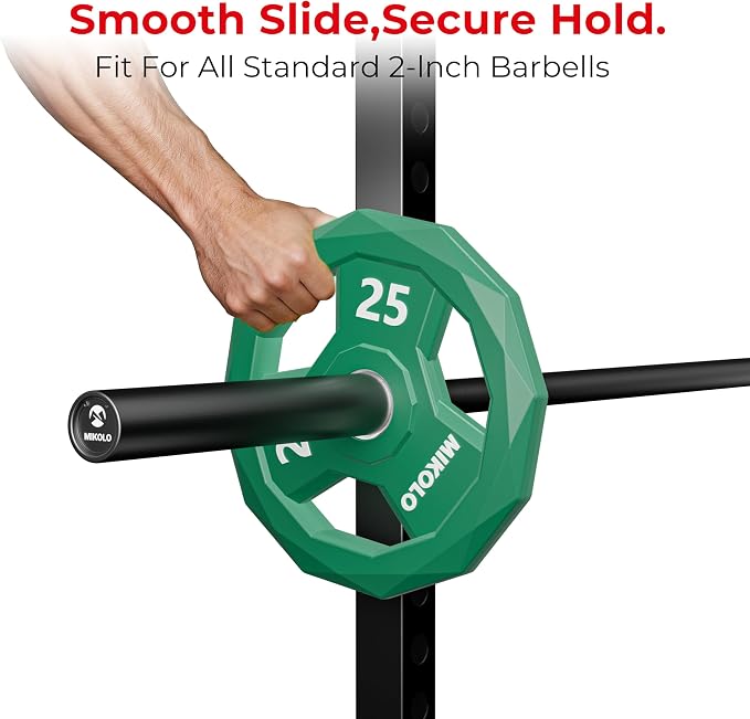 Mikolo Olympic Weights Set 2-Inch Rubber Coated Plates, 12-Sided Non-Roll Weight Plates Grip with 3 Handles for Home Gym, Strength Training, Single, Pair and Sets(5/10/15/25/35/45 LB)