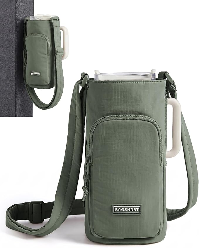 BAGSMART 40oz Water Bottle Holder with Strap, Quilted Gym Accessories | Magnetic or Classic Design, Lightweiht Tumbler Drink Carrier, Quilted Crossbody Purse