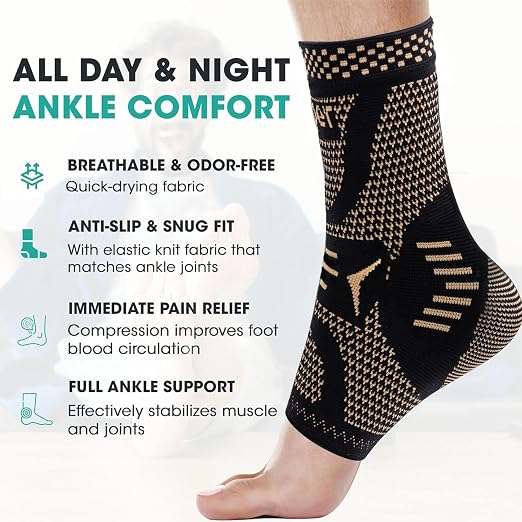 INDEEMAX Ankle Brace for Sprained Ankle Compression Sleeve, 2 Pack Copper Infused Ankle Support Brace for Women & Men, Plantar Fasciitis Relief Achilles Tendonitis, Sports Running, Copper Black, L