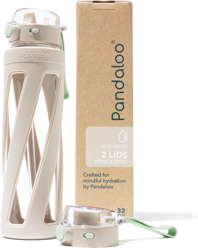 Pandaloo® Orbit 32 oz Glass Water Bottle with 2 Leak-Proof Lids (Straw & Spout), Wide Mouth, Borosilicate Glass, BPA-Free, Cup Holder Friendly for Gym, Work, Travel & Daily Hydration- Creamy Mushroom