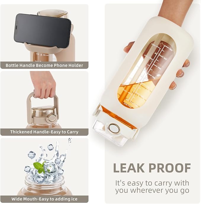 74 oz Glass Water Bottle with 2-in-1 Straw Lid Large Gallon Water Bottle with Time Marker & Removable Silicone Sleeve,Wide Mouth BPA-Free Borosilicate Bottle for Gym, Workout & Daily Use