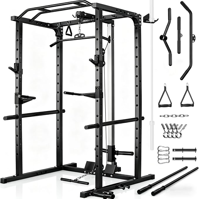 JEEKEE Power Rack with LAT Pulldown, 2000LBS Power Cage with Cable System, Multi-Function Squat Rack with J-Hooks, Safety Bars, Landmine, Pull Up Bar & Attachments for Home Gym Strength Training,Black