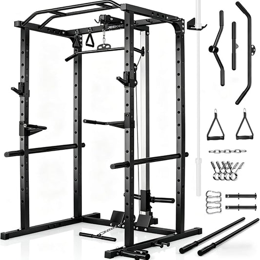 JEEKEE Power Rack with LAT Pulldown, 2000LBS Power Cage with Cable System, Multi-Function Squat Rack with J-Hooks, Safety Bars, Landmine, Pull Up Bar & Attachments for Home Gym Strength Training,Black