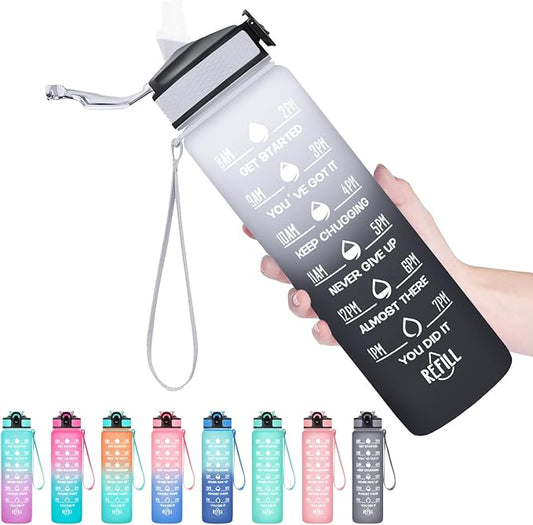 Hyeta Water Bottle with Straw & Time Marker, Plastic 32oz Leakproof | Motivational Tritan BPA Free Gym Office Outdoor Intake Tracker Hourly Reminder Straw Lid Carry Strap