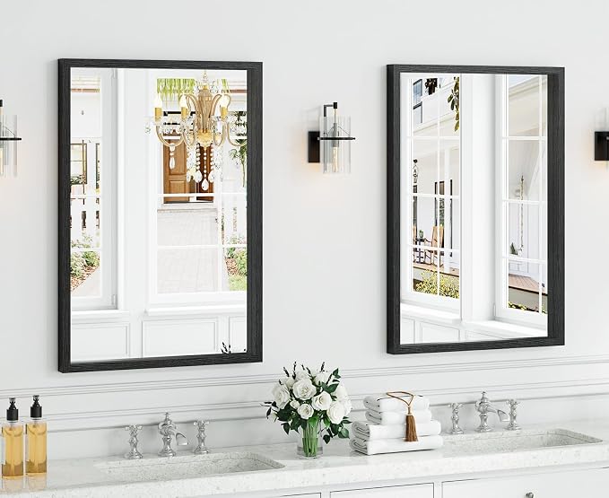 Syndra Black Wood Frame Bathroom Mirror, 24''x36'' Modern Vanity Mirror for Wall, Waterproof Slim Deep Frame, Rectangular HD Tempered Glass Mirror for Living Room, Bedroom, Entryway, Rustic, Farmhouse
