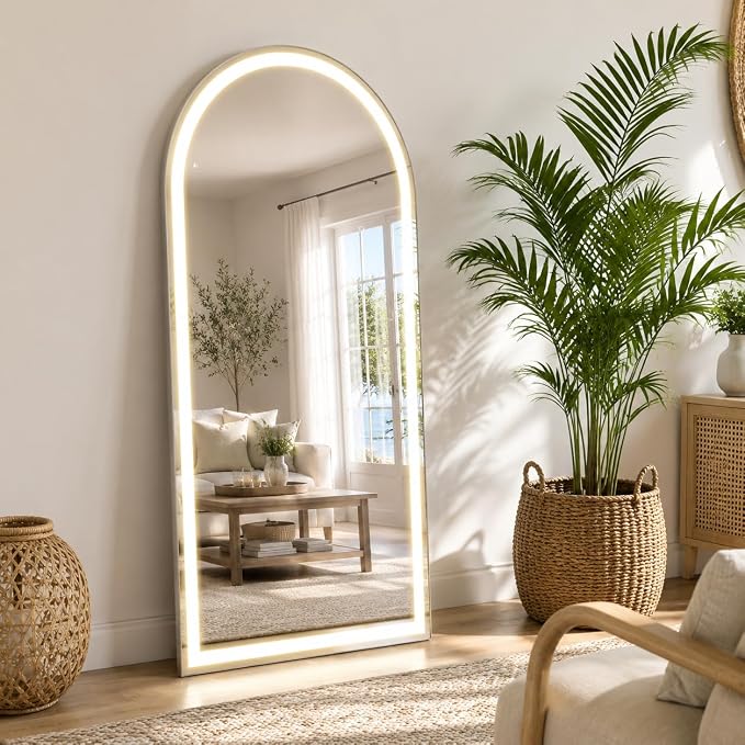 LED Arched Full Length Mirror with Lights 56"x20" | Lighted Floor Mirror with Dimming & 3 Color Lighting Aluminum Frame Standing Leaning or Hanging for Bedroom Cloakroom