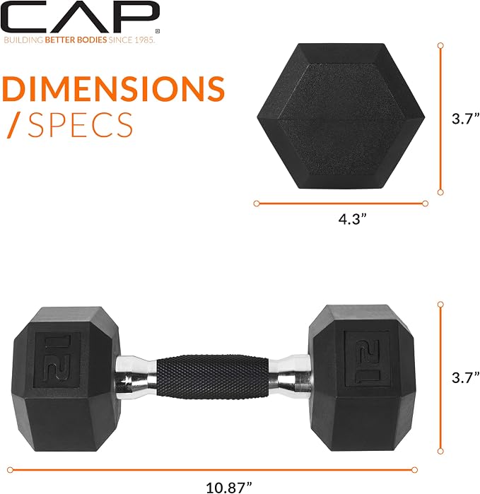 CAP Rubber Coated Dumbbell Weights, Free Weights for Home Gym Strength Training, Anti-Roll Hex Dumbbells with Black, Chrome & Comfort Grip Handles, Singles