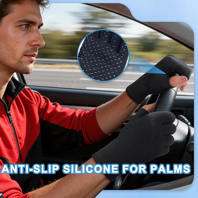 DRNAIETY 2-Pair Arthritis Compression Gloves- for Hand Arthritis, Carpal Tunnel Pain, Rheumatoid Arthritis, RSI, Fingerless, Anti-Slip, Breathable Gloves for Men & Women, Typing, Daily Use(XL Black)