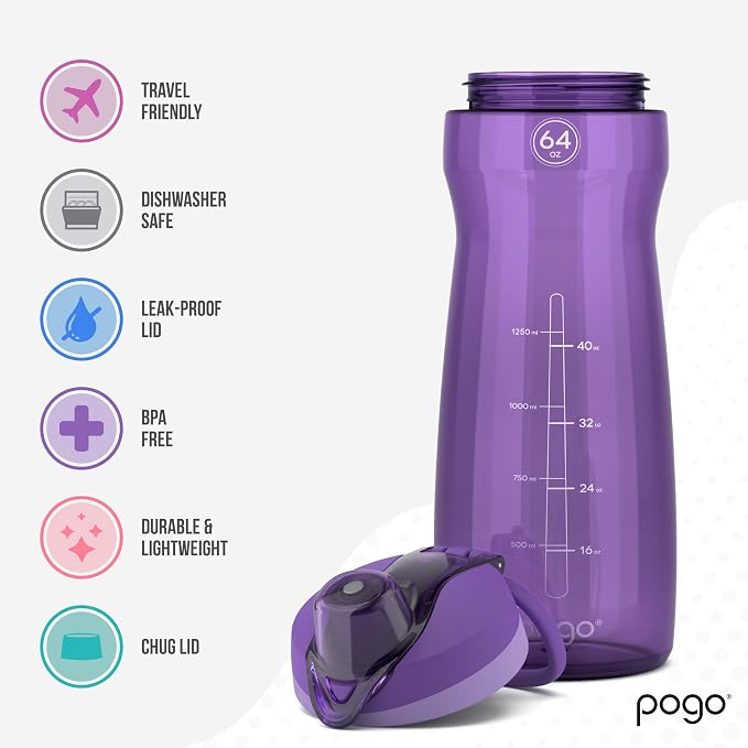 Pogo 64oz Plastic Water Bottle with Chug Lid and Carry Loop, Purple | Leakproof water bottle with chug lid and capacity markings. BPA-free, great for travel, school, outdoors, and gym.