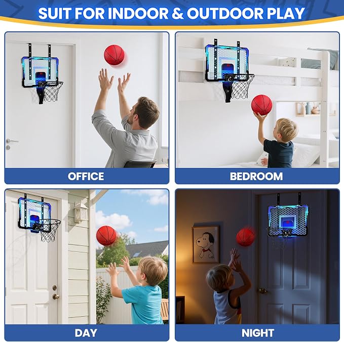 QDRAGON Mini Basketball Hoop with Scoreboard & 7 LED Lighting | Over The Door Indoor, with 3 Balls/Inflator/Breakaway Rim, Basketball Toy Gifts for Kids Adults, Suit for Bedroom/Office