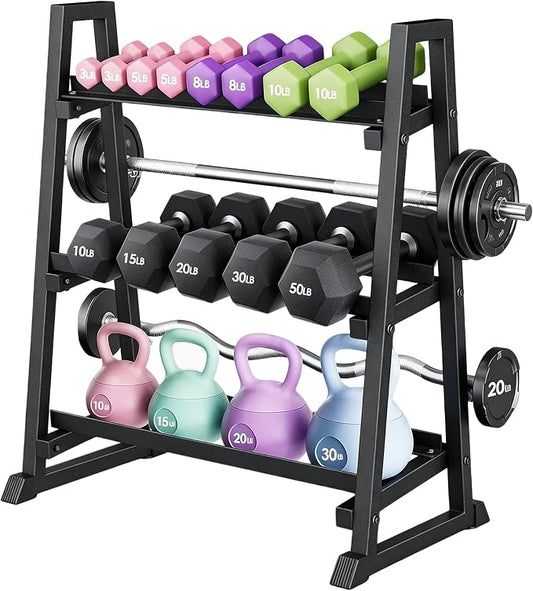 3-Tiers Dumbbell Rack, 1300LB Capacity Adjustable Weight Rack for Home Gym, H-Frame & Trapezoidal-Frame Weight Stand for Dumbells, Kettlebells, Barbells, Weight Plates