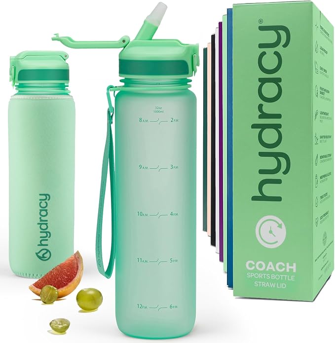 Hydracy Motivational Water Bottle with Time Marker and Straw Lid 32 oz | Leakproof,BPA Free,No Sweat Neoprene Sleeve,Carry Strap,Daily Intake Tracking for Fitness & Outdoors
