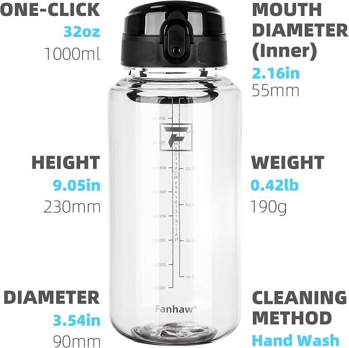 Fanhaw 32 Oz Clear Tritan Water Bottle, BPA-Free & Leak-Proof, Wide Mouth with Anti-dust Chug Lid, Reusable Plastic Bottle for Gym, Travel, School & Office, Back to School Essentials (Clear&Black)