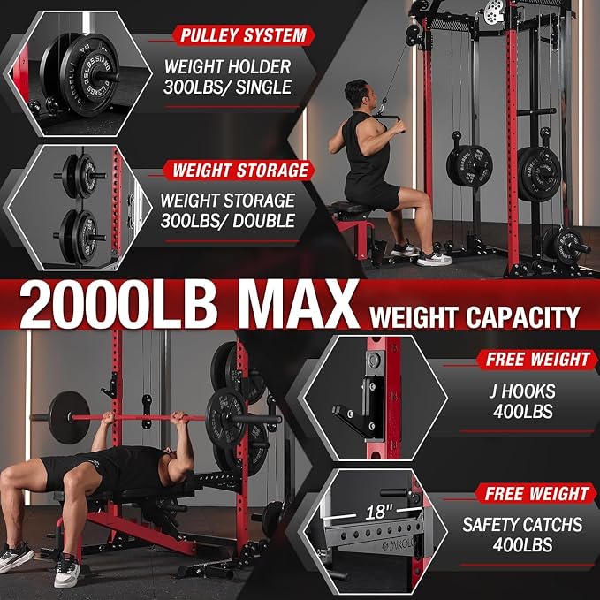 Mikolo Power Cage, 2000LB Power Rack with Independent Dual Pulley System, Multi-Function Home Gym Workout Machine for Cable Crossover and Squat