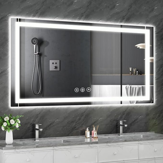 Koonmi 60x30 LED Bathroom Mirror with Light, Anti-Fog, 3 Colors | Backlit + Front Lit, Dimmable Brightness, Shatterproof HD Distortion-Free Tempered Glass, Hardware Included