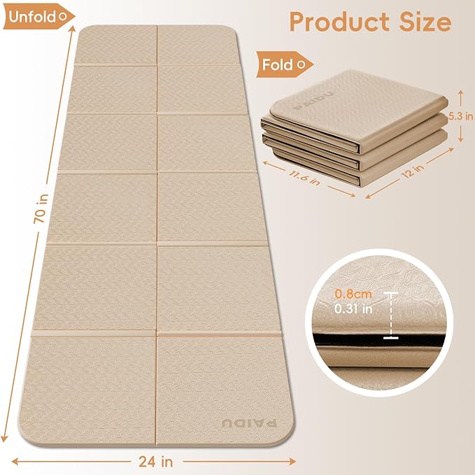 PAIDU Foldable Yoga Mat, 70"x24"x0.31" TPE Non-Slip Mat with Bag | Double‑sided non‑slip, 8mm thick TPE, foldable for travel, ideal for yoga/pilates/fitness/home/outdoor workouts
