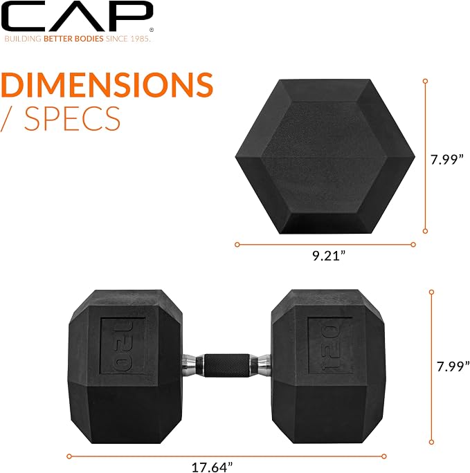 CAP Rubber Coated Dumbbell Weights, Free Weights for Home Gym Strength Training, Anti-Roll Hex Dumbbells with Black, Chrome & Comfort Grip Handles, Singles