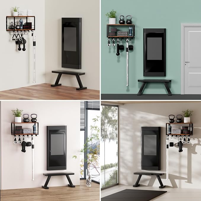 TJ.MOREE 2 Tier Floating Shelf Compatible with Tonal Accessories Wall Mount | Brown Woodeen Home Gym Storage Rack for Fitness Equipment, T-Bracket Lock Adapters Hanger