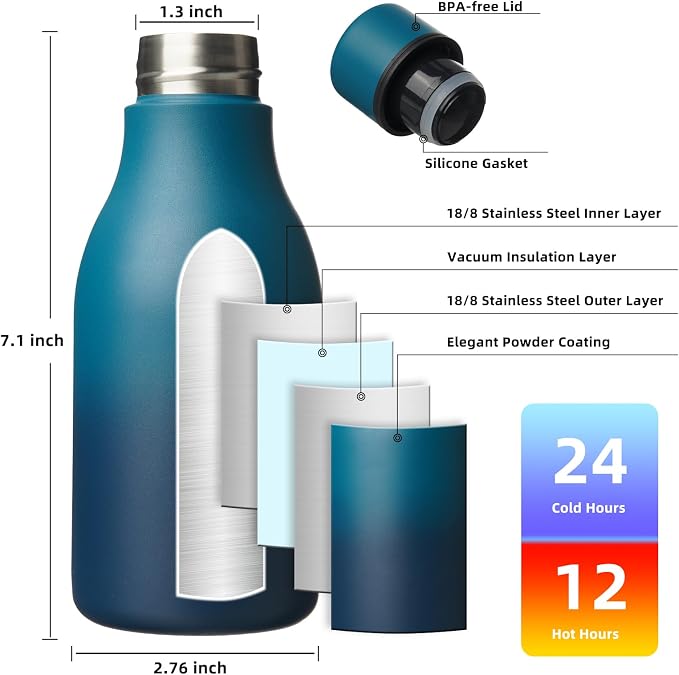 BJPKPK 12oz Insulated Water Bottle, Stainless Steel Bottle with Carry Strap | Keep Cold & Hot Vacuum Insulation, Leak-Proof BPA-Free Design, Slim Bottle Fits Most Cup Holders for Gym, Office & Travel