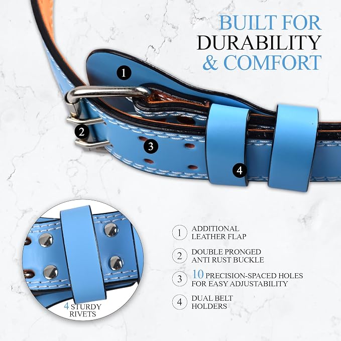 Leather Gym Fitness Belt, 4" & 6" Padded Lumbar Back Support, 10 Adjustable Holes for Weightlifting Powerlifting Bodybuilding Deadlift Squat Workout Strength Training