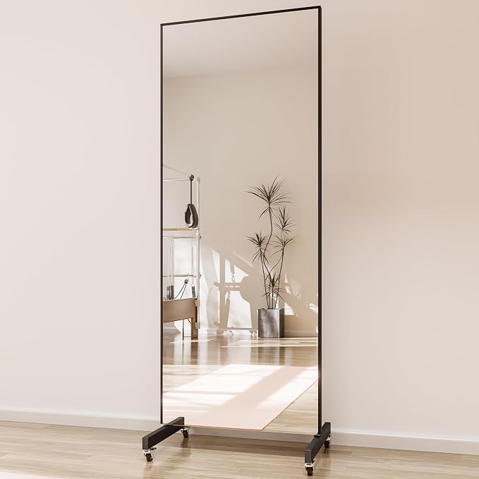 Full Length Floor Mirror with Wheels, Super Lightweight Glassless Shatterproof Film Mirror, Rolling Mirror for Home Gym, Dance Studio, Yoga Room, 67×20Inch, Black