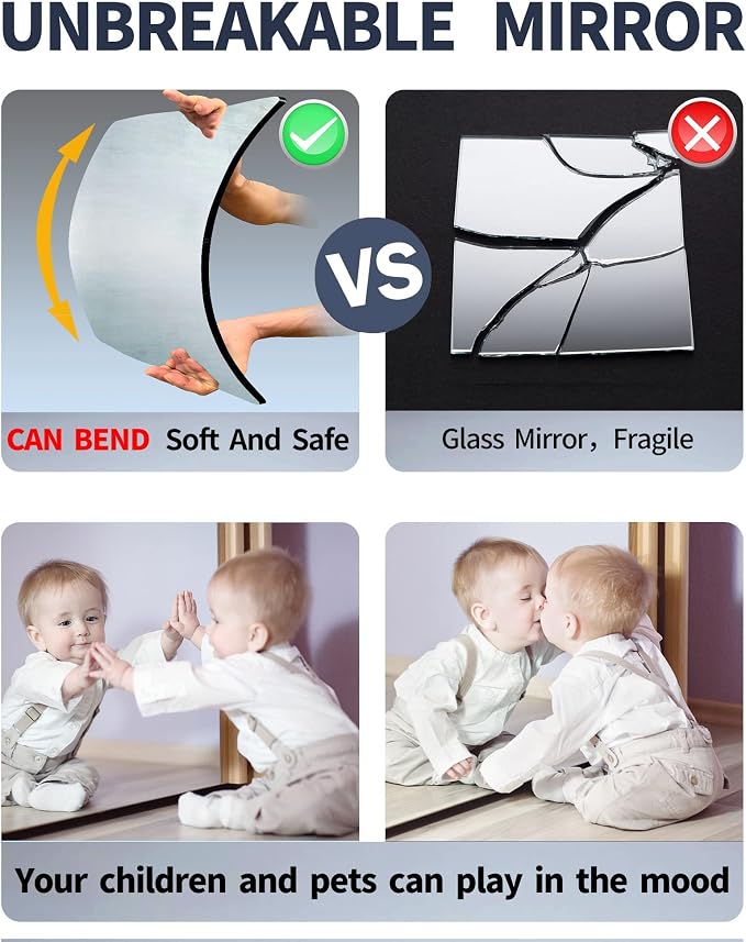 Shatterproof Full Length Mirror Tiles for Wall,Body Mirror for Kids,4Pcs 15.9"x15.9",Frameless Plexiglass Acrylic Plastic,Unbreakable Acrylic Non Glass Self Adhesive Wall Mounted for Home,Bathroom