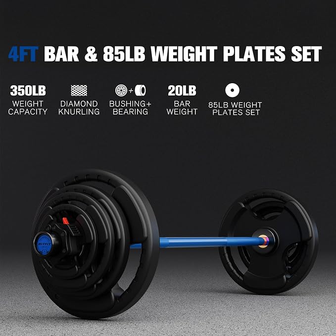 RitFit Barbell Weight Set - 4/6FT Olympic Barbell with Weight Plates (55-115LB Total) - Weightlifting Equipment for Squats, Curls, Deadlifts, Presses, Hip Thrusts