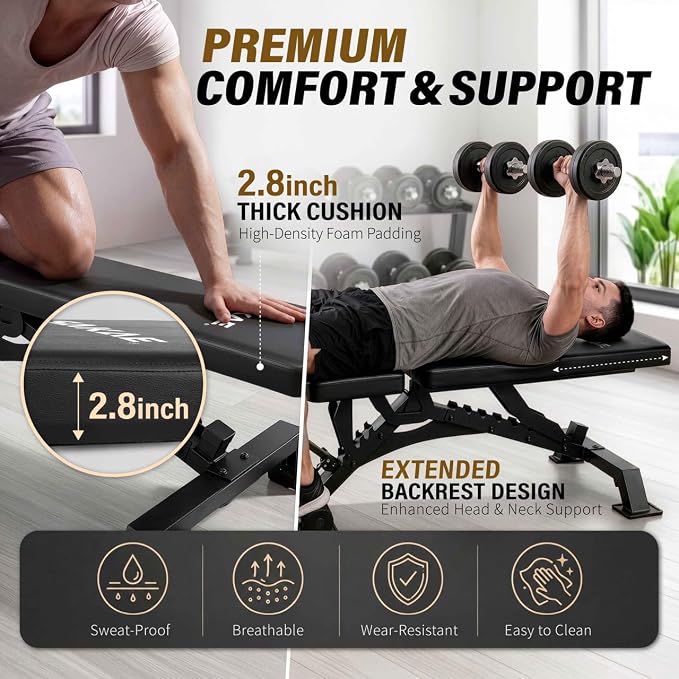 SAKAE Adjustable Weight Bench, 85° to -13° Incline, Decline & Flat Workout Bench for Home Gym, 1000LB Capacity with 9 Backrest Positions, Multi-Position Adjustability Gym Bench for Full Body Workout