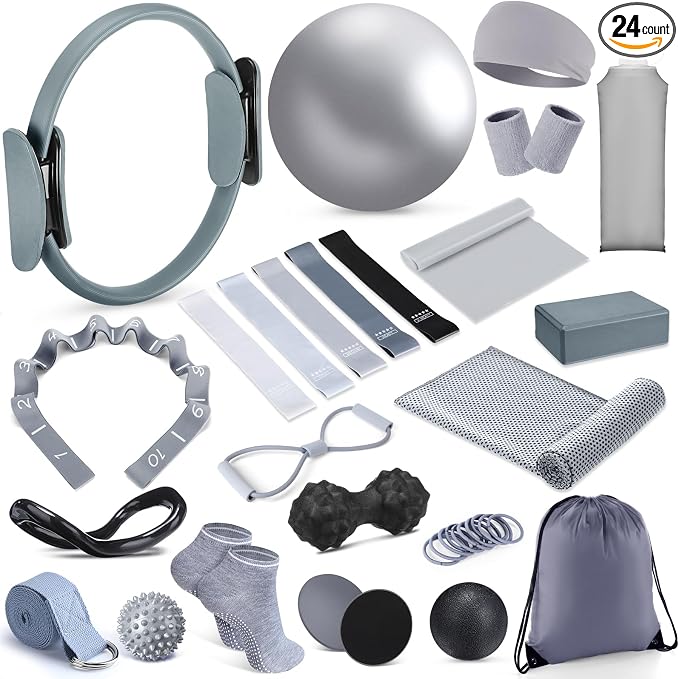 Halloscume 24 Pcs Pilates Kit, Home Pilate Equipment for Women, Pilates Ring and Ball Set with Stretching Strap, Water Bottle, Magic Circle, Yoga Ring, Gym Bag, Resistance Band, Anti Slip Sock