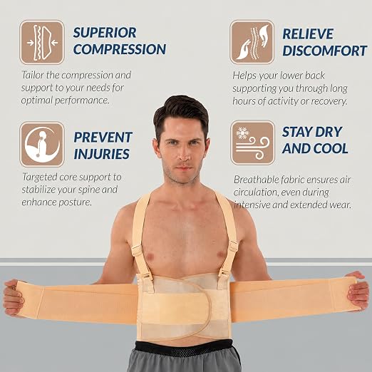 NeoTech Care Back Brace with Suspenders for Work - Industrial Lifting Safety, Elastic Compression, Hook & Loop Closure (Beige, Size M)
