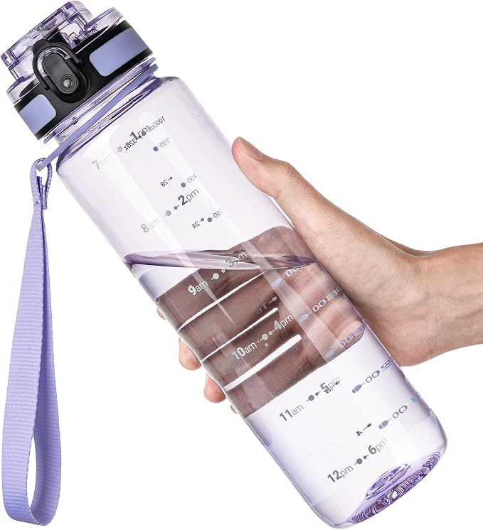OLDLEY 32 oz Water Bottle, Motivational Water Bottle with Time Marker, Sports Water Bottle With Strap, Leakproof & BPA Free Large Water Bottles for School,Gym,Outdoor, Tritan, Transparent-Purple