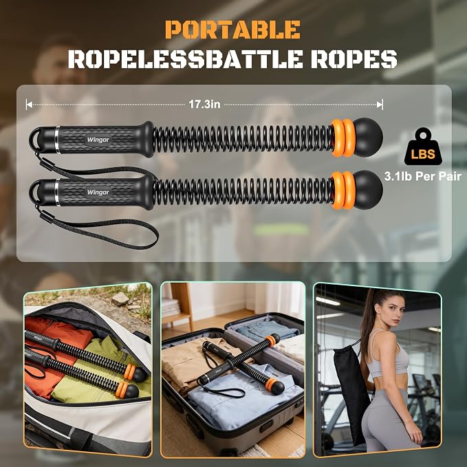 Cordless Battle Ropes, Adjustable Ropeless Battle Ropes for Home Gym | Portable Arm Fitness Equipment for Strength Training & Cardio, No Anchor Needed with Training Poster