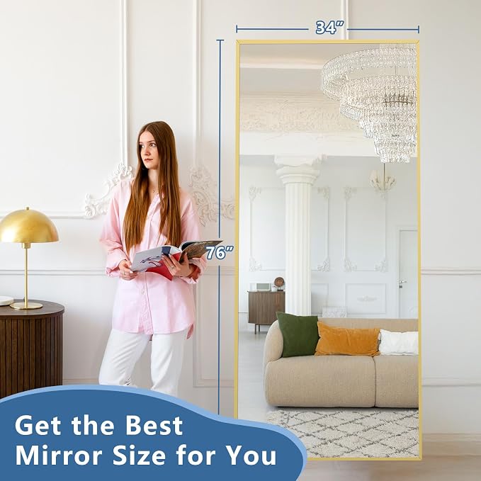 76"x34" Large Floor Mirror Full Length with Stand, Oversized Gold | Free Standing or Leaning, Wall‑Mountable, for Bedroom Living Room Home Gym, Rectangular, Tempered Glass, Aluminum Frame