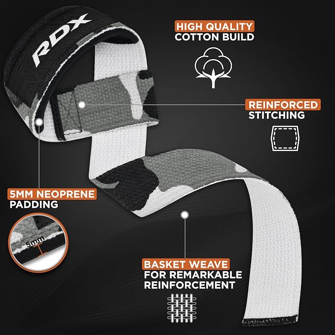 RDX Lifting Straps for Weightlifting –100% Cotton Heavy Duty Gym Wrist Strap with 5MM Neoprene Padding, 60CM Anti-Slip Hand Grip Wraps for Deadlifts Powerlifting Workouts Strength Training, Men Women