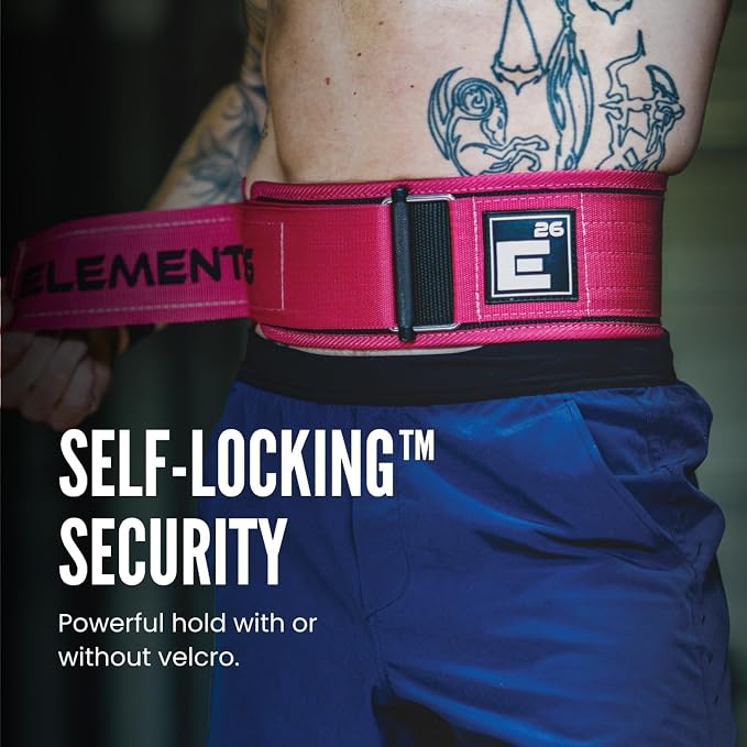 Element 26 Self-Locking Weight Lifting Belt | 4” Back Support for Gym, Powerlifting, Body Building, Cross Training, Men, Women, Deadlift, Squat, Quick Locking, Competition