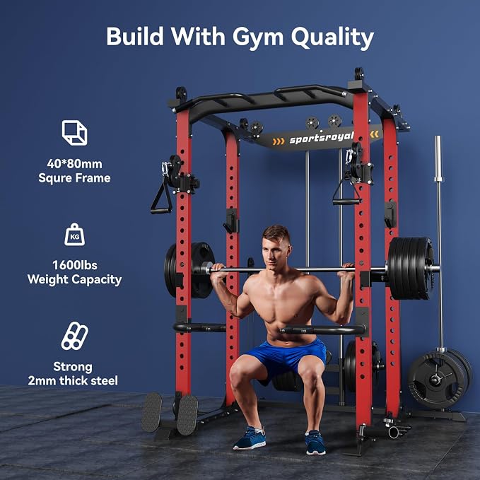 Sportsroyals Power Cage, 1600LBS Squat Rack with Cable Crossover System | Power Rack with LAT Pull Down System, Workout Cage with Pulley System for Fitness Home Gym Strength Training