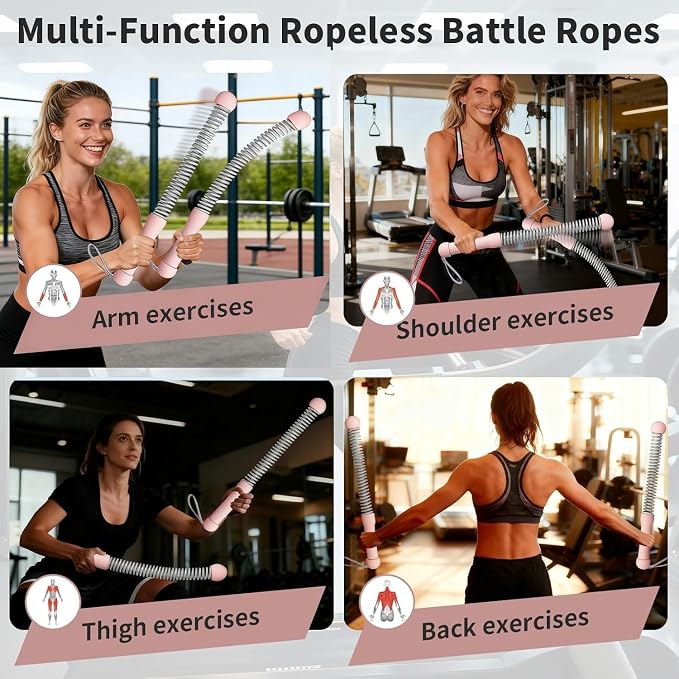 2PCS Weighted Ropeless Battle Ropes for Home Gym, Heavy Duty Arm Exerciser for Strength Training, Portable Battle Rope for Advanced Workouts and Core Muscle Building (Pink 3)