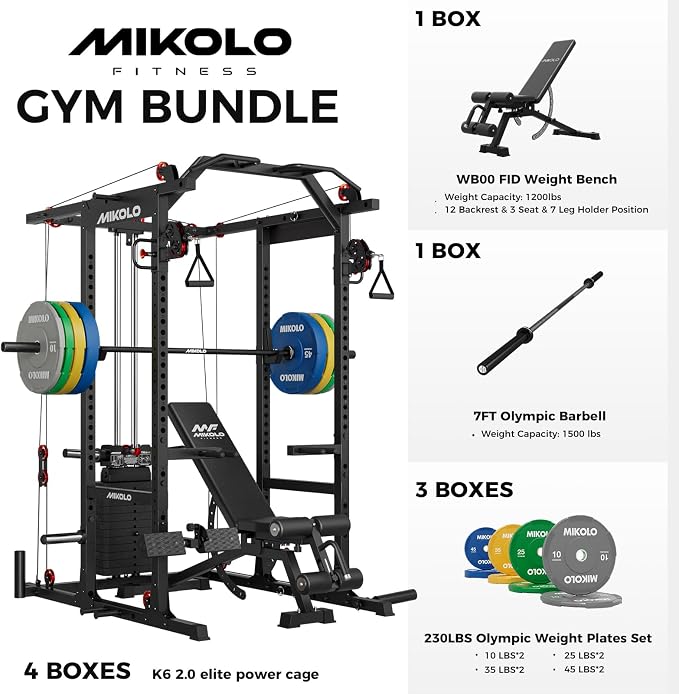 Mikolo K6 2.0 Power Cage, Power Rack with Cable Crossover System, 2000LBS Squat Rack with LAT Pull Down System, Functional Trainer with Aluminum Pulley System for Home Gym