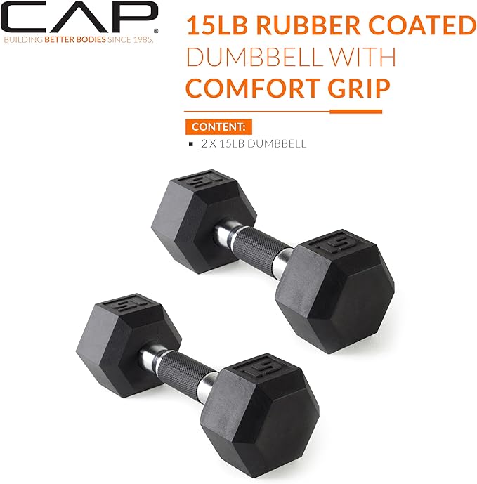 CAP Rubber Coated Dumbbell Weights, Free Weights for Home Gym Strength Training, Anti-Roll Hex Dumbbells with Black, Chrome & Comfort Grip Handles, Pairs & Sets