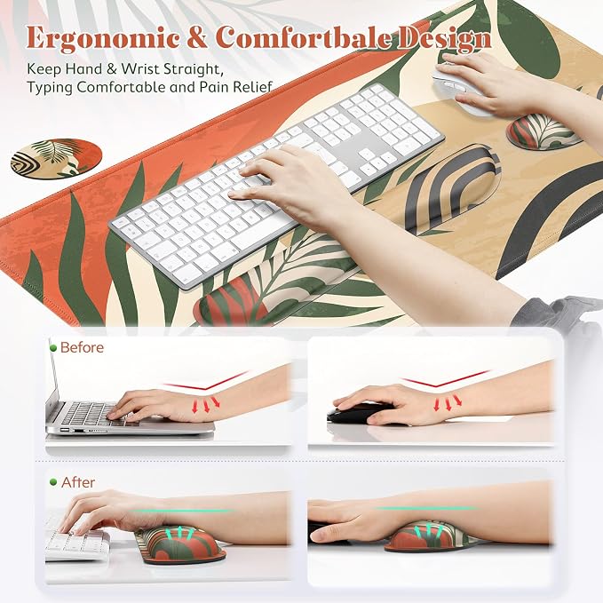 Gimars 4 in 1 Mouse Pad and Keyboard Wrist Rest Set, Large Mouse Pad with Memory Foam Wrist Support Pad for Desk with Coaster, Easy Typing Pain Relief, Gaming Office Home 31.5x12 in, Morandi Orange