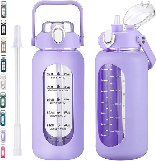 64oz Glass Water Bottles with Straw, Half Gallon Motivational Glass Bottle with Silicone Sleeve and Time Marker, 2L Leakproof Large Glass Water Jug for Gym Home Office, Purple