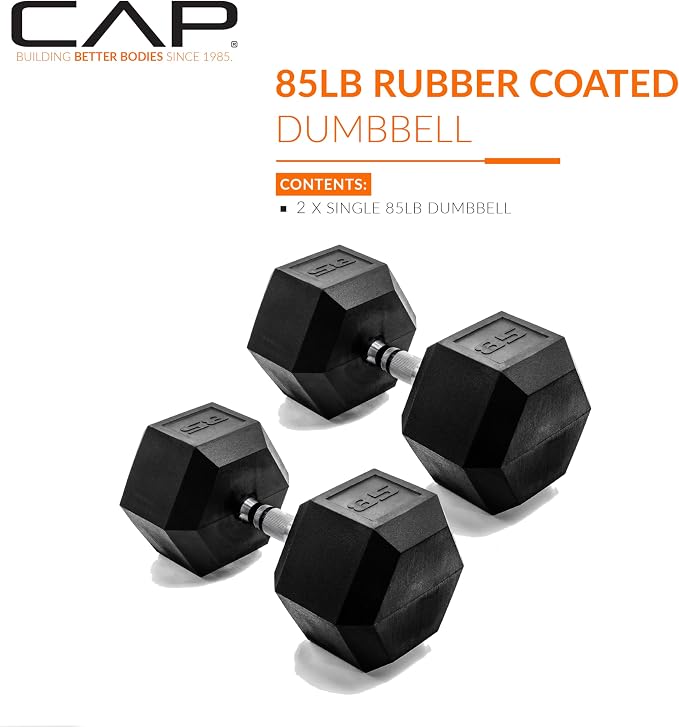 CAP Rubber Coated Dumbbell Weights, Free Weights for Home Gym Strength Training, Anti-Roll Hex Dumbbells with Black, Chrome & Comfort Grip Handles, Pairs & Sets