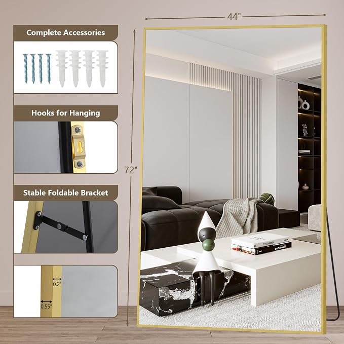Mirrorons 72"x44" Oversized Full Length Mirror, Floor Standing or Wall Mounted with Hanging Kit, Shatterproof Tempered Glass Mirror for Living Room, Bedroom, Dressing Room, Gym (Gold)