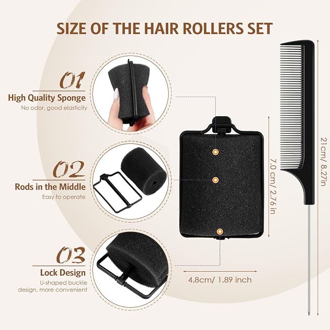 Syhood 12 Pcs Jumbo Foam Sponge Hair Rollers 1.89 Inch Soft Sleeping Curlers Flexible Large Foam Rollers and Rat Tail Comb for Hair Styling (Black)