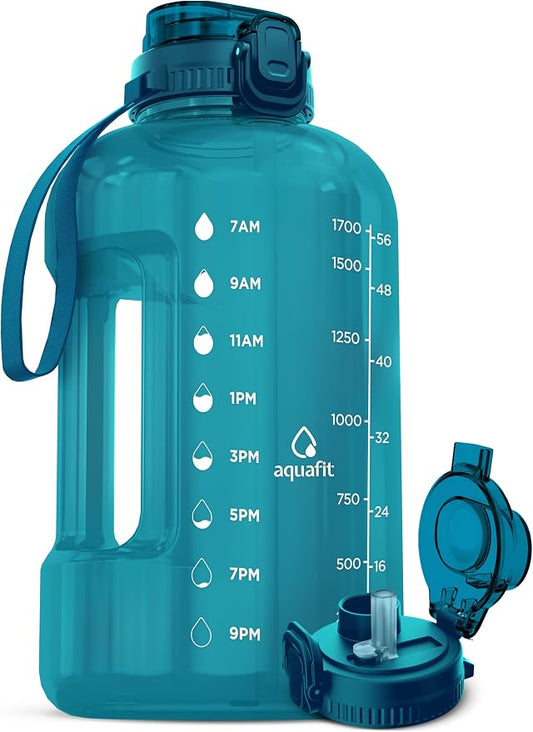 AQUAFIT Half Gallon Water Bottle with Time Marker, 2in1 Lid | BPA Free 64 oz Water Jug with 2in1 Straw and Chug Lid - Leakproof Gym Water Jug with Carry Handle (Aqua)
