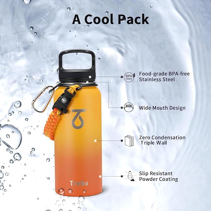 Trebo Insulated Water Bottle 32 oz with 3 Lids, Paracord Handle & Sleeve | Stainless Steel Metal Flask Vacuum, Triple Wall Copper Plated, Dishwasher Safe, Cold 48Hrs for Trail, Hiking, Wide Mouth