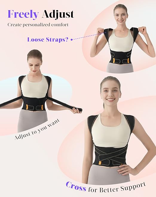 Posture Corrector for Women and Men, Full Back Support Brace, Adjustable Shoulder Straightener, Improving Posture, Relief Upper and Lower Back, Neck Pain, Black Yellow, Large
