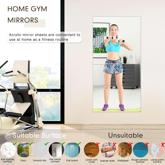 Queekay 6 Pcs Home Gym Mirrors 24'' x 24'' Acrylic Wall Mirror Tiles Sheets 2mm Thick Self Adhesive Frameless Wall Mounted Decor for Workout Bedroom Ceiling